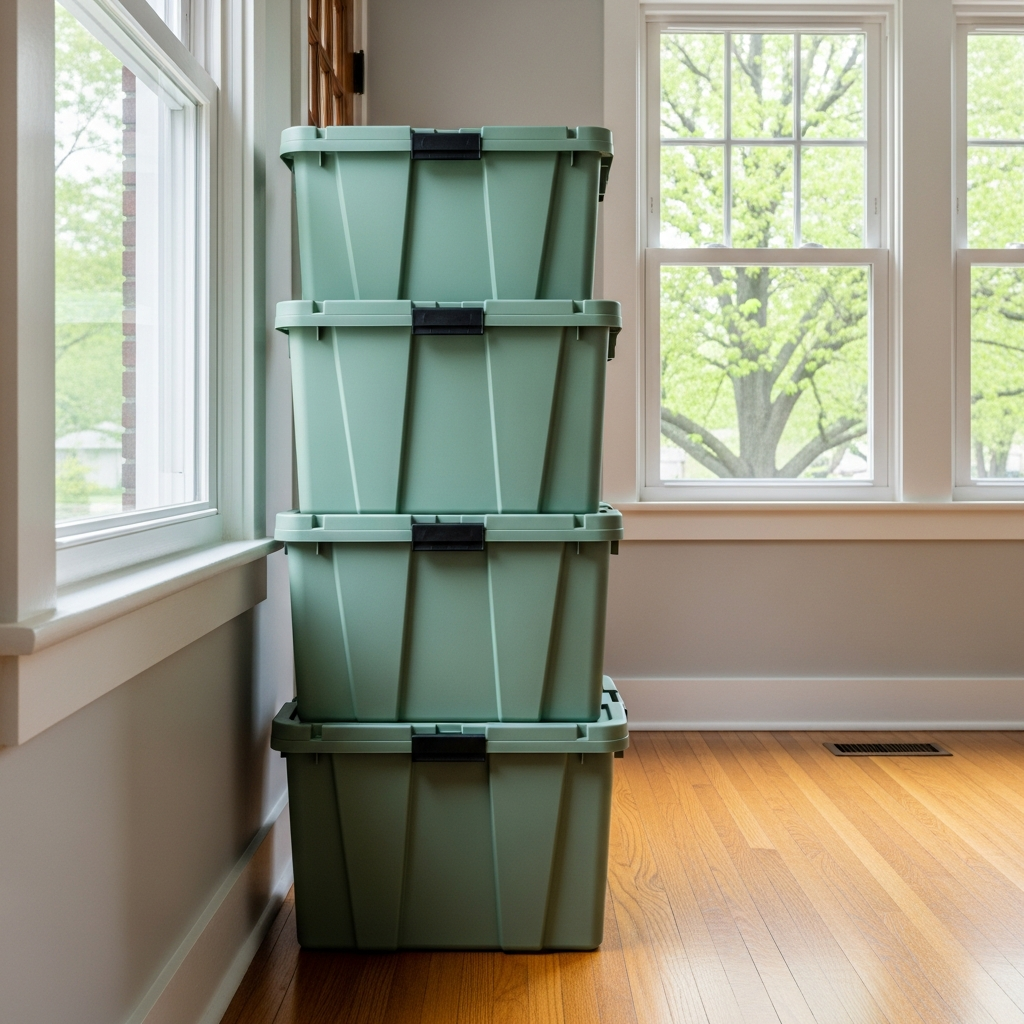 Neatly stacked green moving bins in a modern room