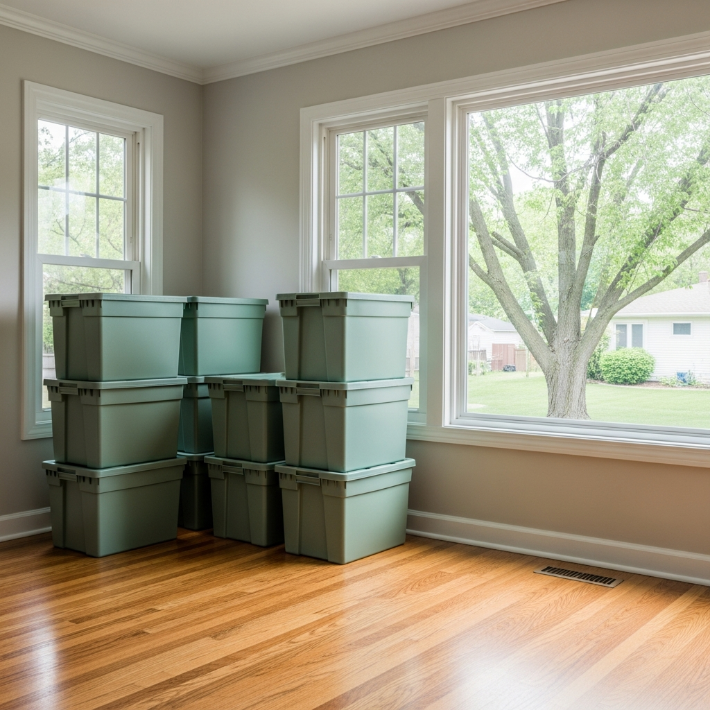 Beautifully organized living room mid-move with stacked bins